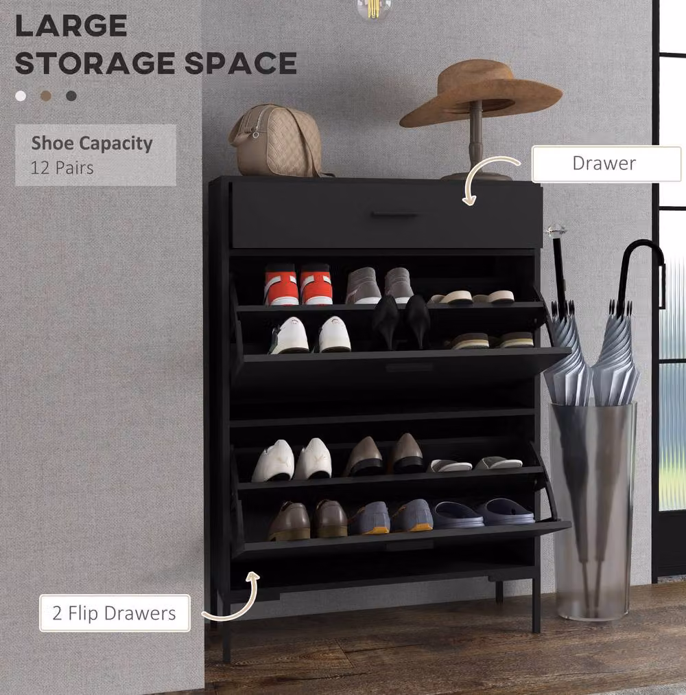 STILVORA Black Matt Modern Shoe Cabinet with Tilting Compartments and Drawers, W/D/H: 76 x 26 x 110 cm – 4