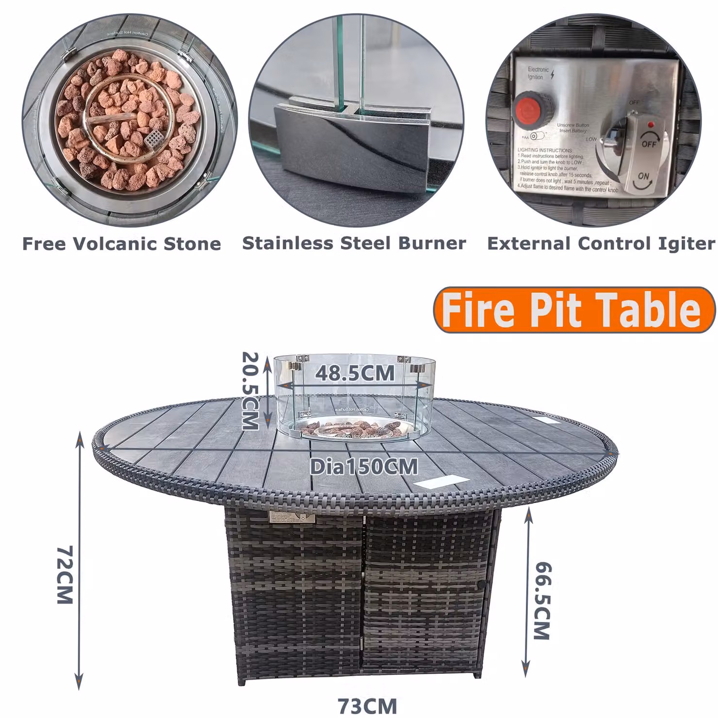 FURNITURE ONE 7 Piece Grey Rattan Dining Set with 150 cm Gas Fire Pit Table – 5