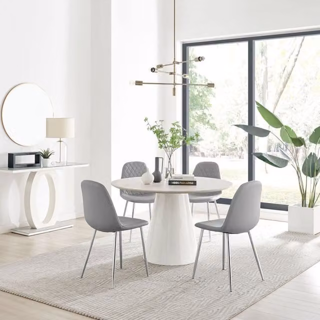 FurnitureboxUK Palma Beige Stone Effect Round Dining Table and 4 Corona Silver Chairs in Grey
