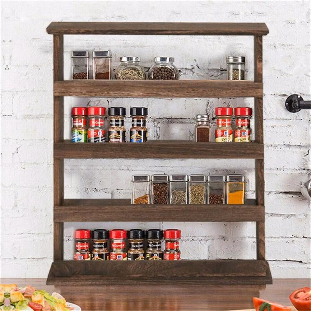 NESTLUNE 4-Tier Wall Mounted Rustic Wood Spice Holder in Brown, W: 100 cm, D: 15 cm, H: 60 cm – 4