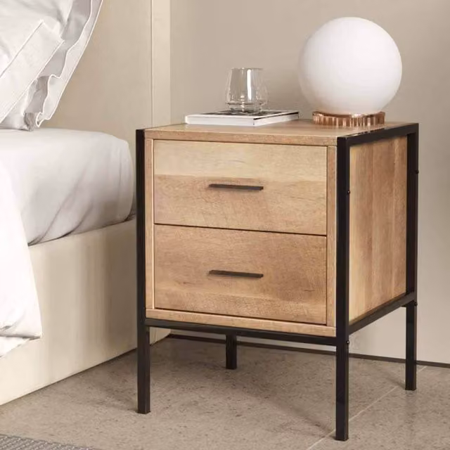Livingandhome Rustic Brown Coffee Side Table and Nightstand with Metal Frame and Two Drawers
