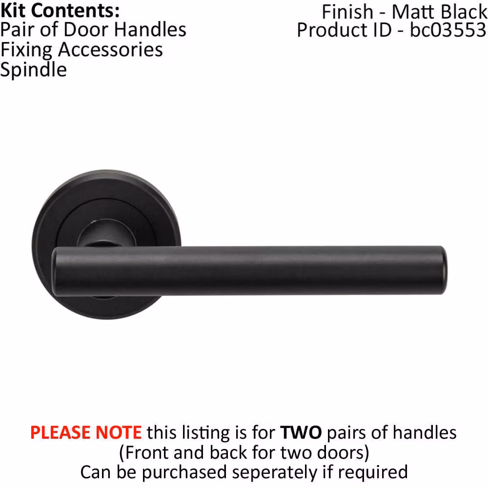 Loops 2x Pair Straight T Bar Handles with Round Rose and Concealed Fixings in Matt Black Finish – 2