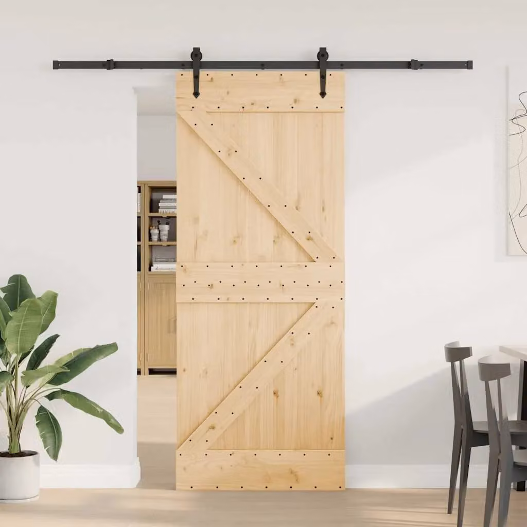 Berkfield Home Rustic Solid Wood Pine Sliding Door with Hardware Set, Brown, W: 85 cm, H: 210 cm – 1