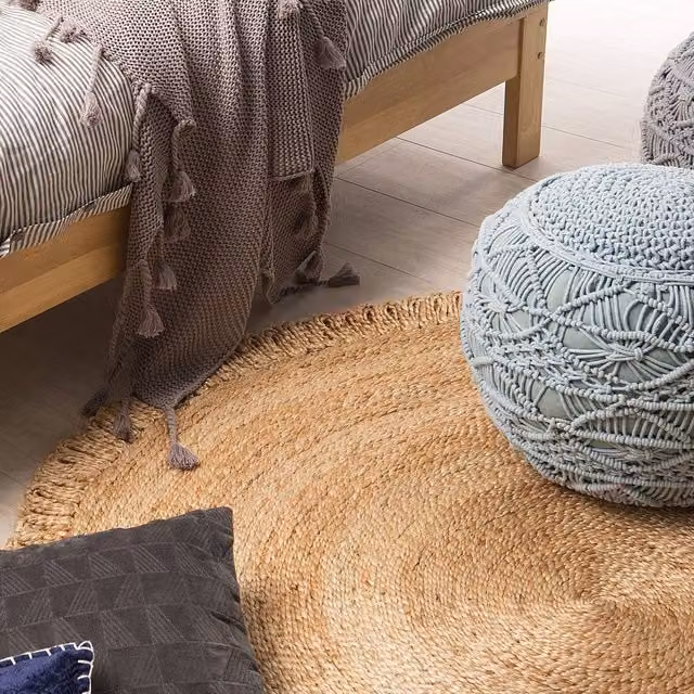 Wyld and Coco Round Beige Jute Rug with Spiral Braided Boho Design, Diameter: 140 cm