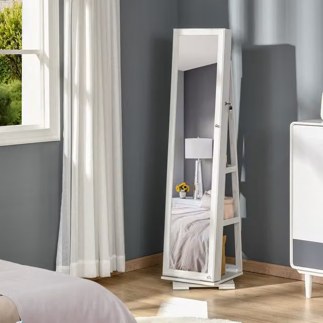 HOMCOM Lockable Jewellery Cabinet with Full Length Mirror and Magnifying Insert in White – 1
