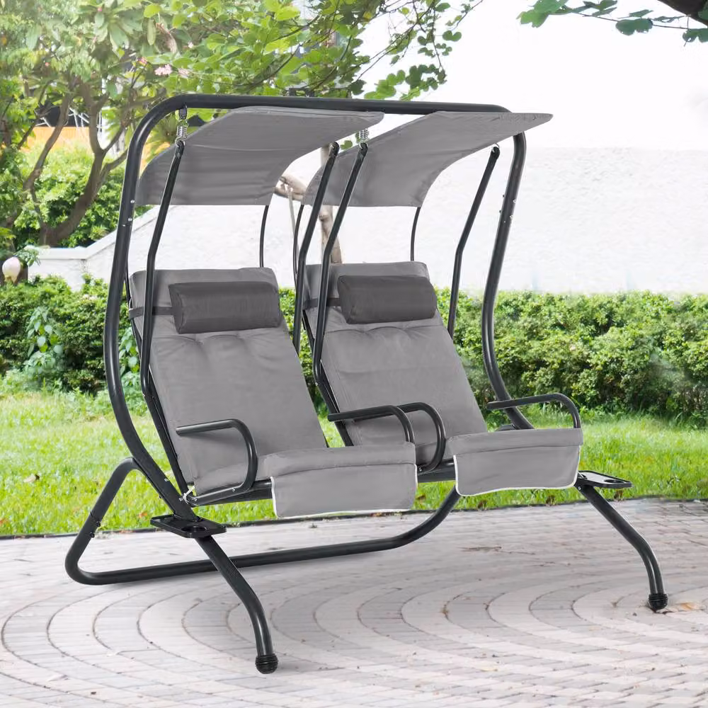 STILVORA 2-Seater Modern Garden Sofa in Grey with Powder Coated Steel Frame and Cup Holders – 3