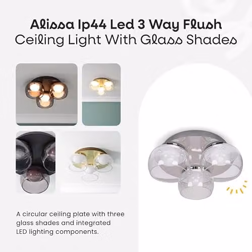 ValueLights Alissa IP44 Rated Black 3 Way Integrated LED Flush Ceiling Light with Glass Shades – 2