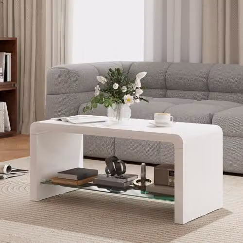 HOMCOM Modern High Gloss White Coffee Table with Rounded Edges, W/D/H: 100 x 45 x 45 cm – 2