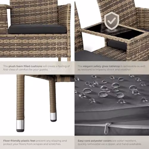 tectake Outdoor Rattan Bench with Integrated Table and Cushions, W/D/H: 133 x 63 x 84 cm, Nature/Grey – 5