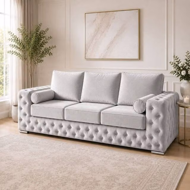 Stratus Interiors Ashley Luxury Chesterfield 3 Seater Fabric Upholstered Sofa in Silver, W: 203.2 cm, H: 76.0 cm, D: 67.0 cm – 1