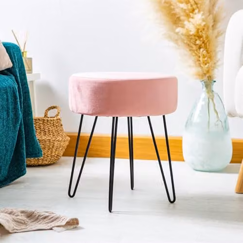 Harbour Housewares Pink Velvet Round Footstool with Black Legs, H41 x D45 cm – 2