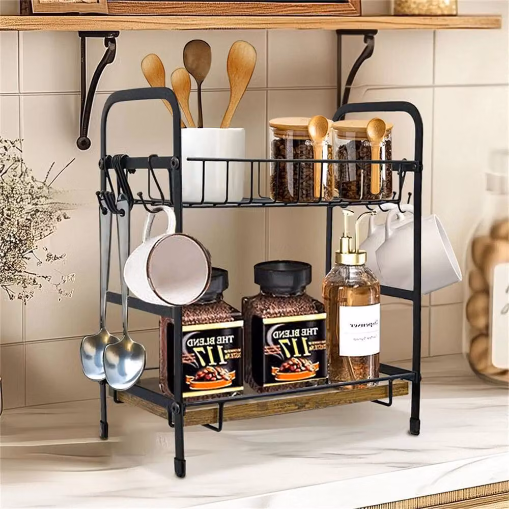 EONLION Black Metal Freestanding Coffee Mug Holder and Basket Rack with Shelf, W: 100 cm, H: 35.5 cm, D: 32 cm – 4