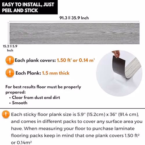 Novecrafto Self Adhesive Wood Look Vinyl Floor Planks, Mid Grey, Pack of 7, W/D: 91.4 x 15.2 cm – 2