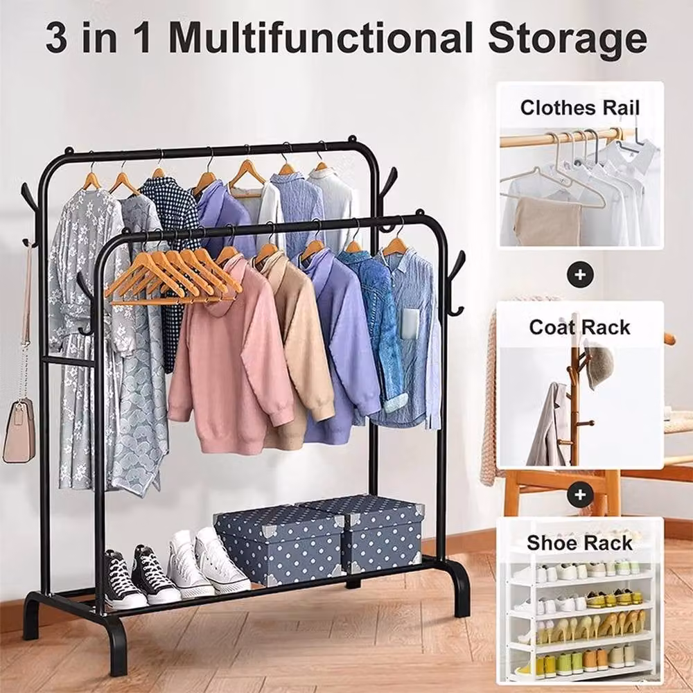 EONLION Heavy Duty Double Clothes Rail Hanging Rack Garment Display in Black – 2