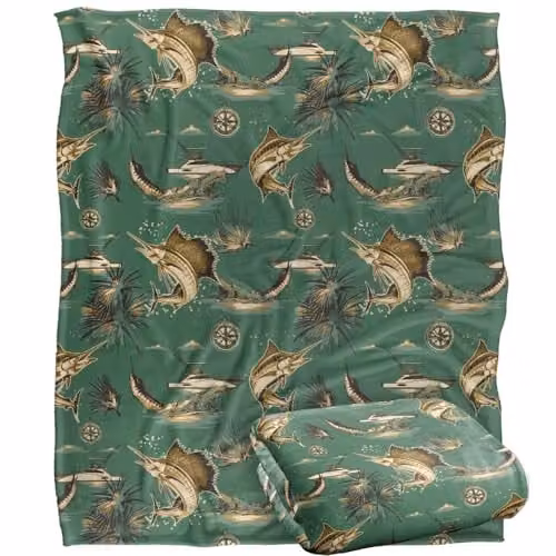 JQ Licensing Billfish Tiki Fishing Pattern Super Soft Fleece Throw Blanket, White, W/D/H: 152 x 127 cm – 1