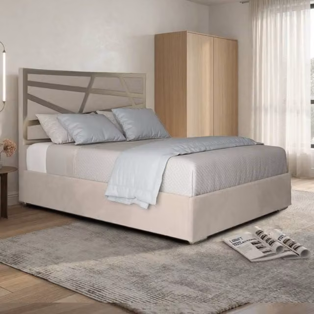 KDMD Frilford Small Double Upholstered Velvet Designer Bed Frame in Beige with Metal Details, W/D/H: 127 x 127 x 200 cm