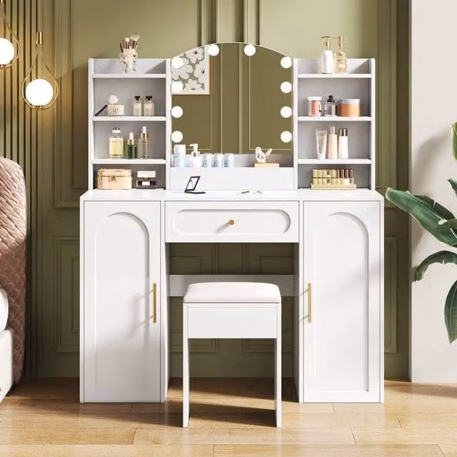 Rolipo White Modern Vanity Table with LED Mirror and Stool