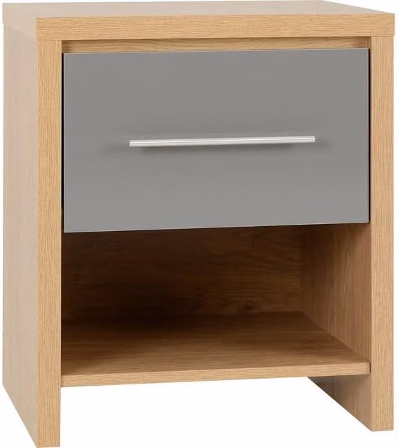 FORGEVIO Grey Gloss 1 Drawer Bedside Cabinet in Light Oak, W/D/H: 38.5 x 18.5 x 40.5 cm – 1