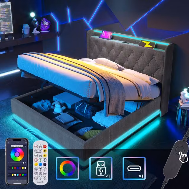 Matteo Upholstered Double Ottoman Bed in Grey with 360 Surround LED Function and USB Charging Port, W/D/H: 140 x 200 x 135 cm – 1