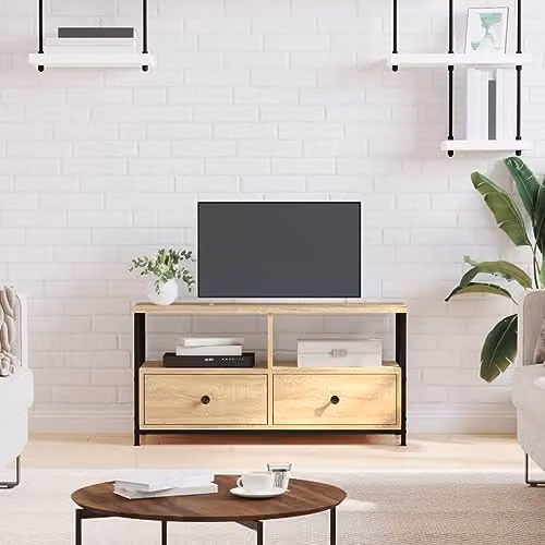 vidaXL Industrial Style TV Cabinet in Brown Smoked Oak and Metal with Media Compartments, W/D/H: 90 x 33 x 45 cm – 2