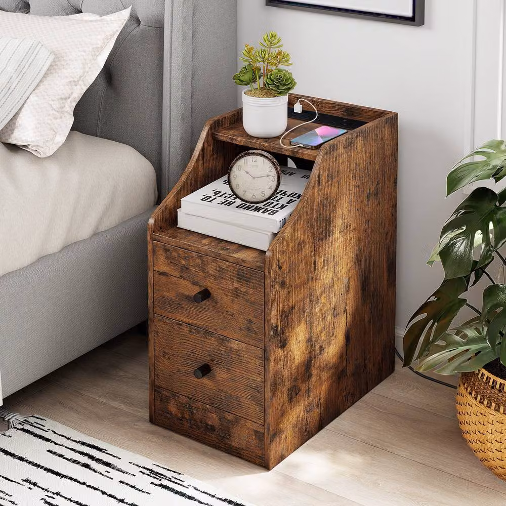 Gymax Brown Side Table with Charging Station and Storage Drawers – 3