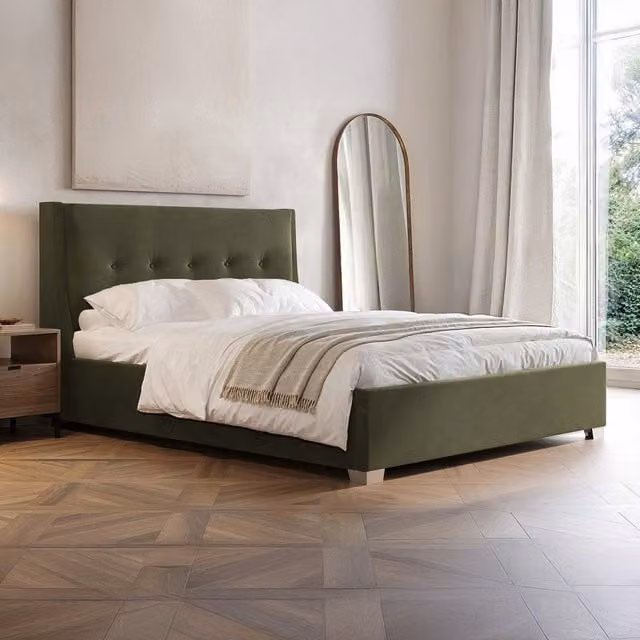 Flair Modern Upholstered Velvet Ottoman Bed with Lift Up Base in Green and Beige, 140 x 200 cm