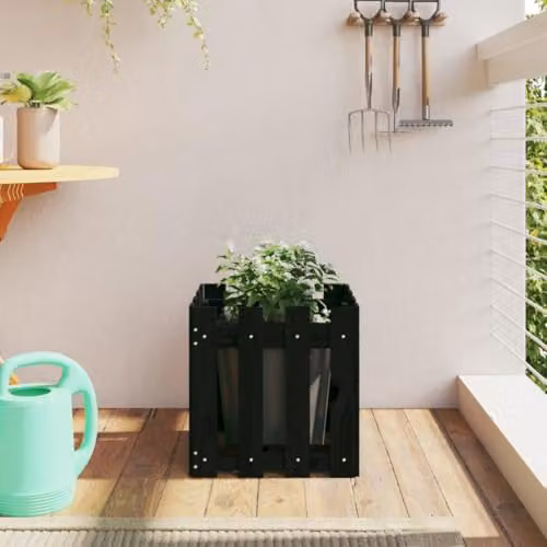 vidaXL Garden Planter with Fence Design in Black Solid Wood, W/D/H: 40 x 40 x 40 cm – 2