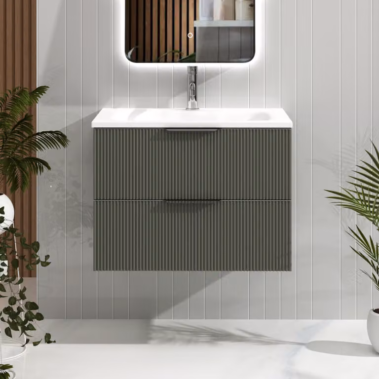 Royal Bathrooms Evora Sage Green Fluted Wall Hung Vanity Unit with 2 Drawers and Soft Close Doors