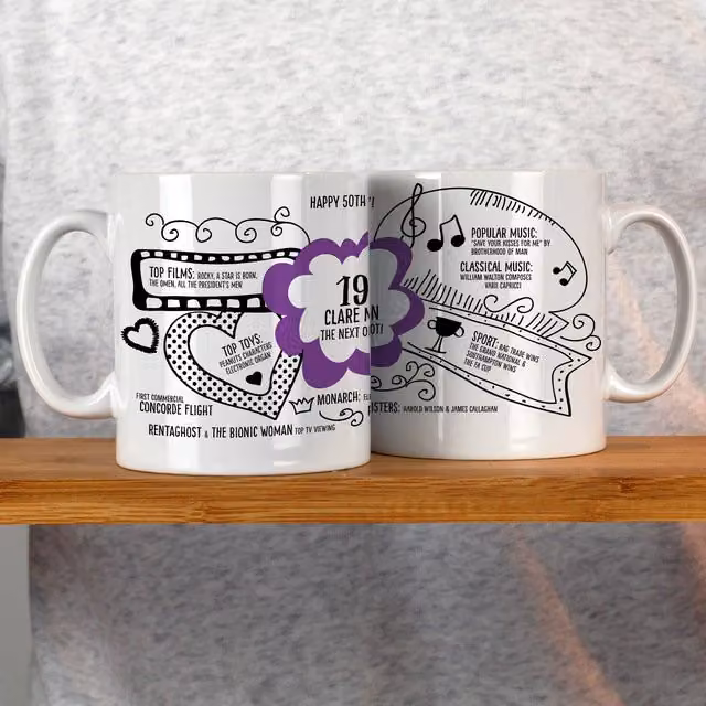 Afewhometruths Personalised 50th Birthday Mug, 1976 Nostalgia Gift in Purple and White