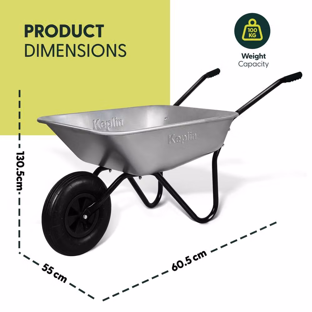 Keplin 65L Garden Wheelbarrow with Pneumatic Tyre, 100kg Load Capacity in Metallic Silver – 2