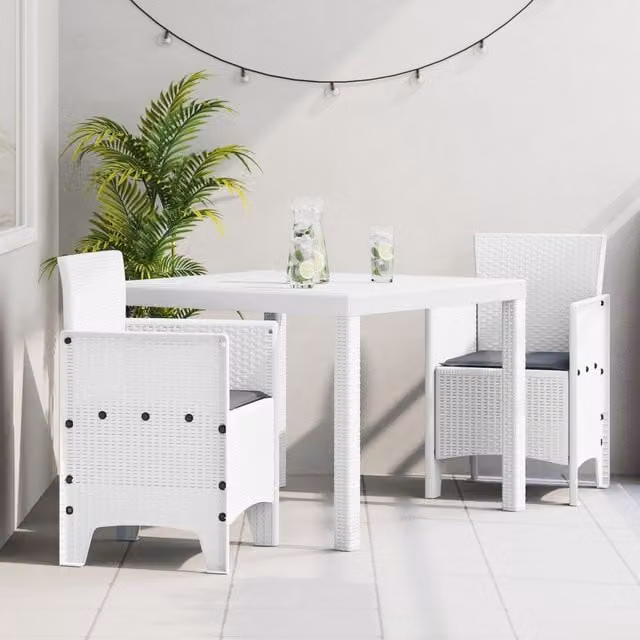 Berkfield Home 3 Piece White Poly Rattan Garden Dining Set with Cushions