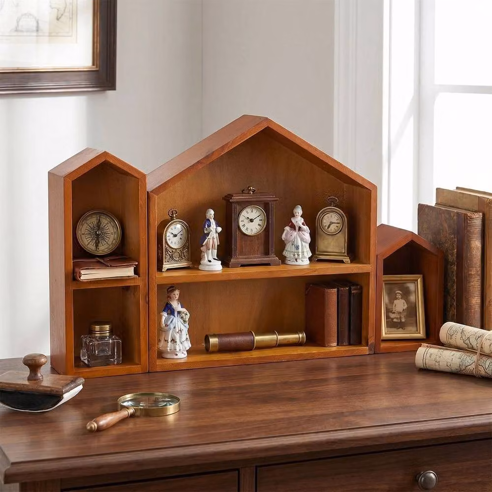 Kelvenix Vintage House Shaped Pine Storage Display Shelf Set of 3 in Brown and Red – 2