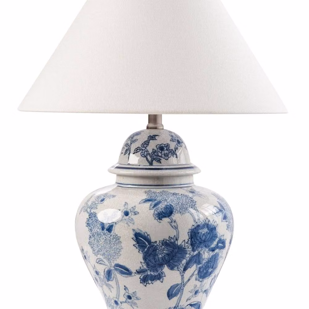 Wyld and Coco Blue and White Ceramic Floral Table Lamp with White Linen Shade – 2