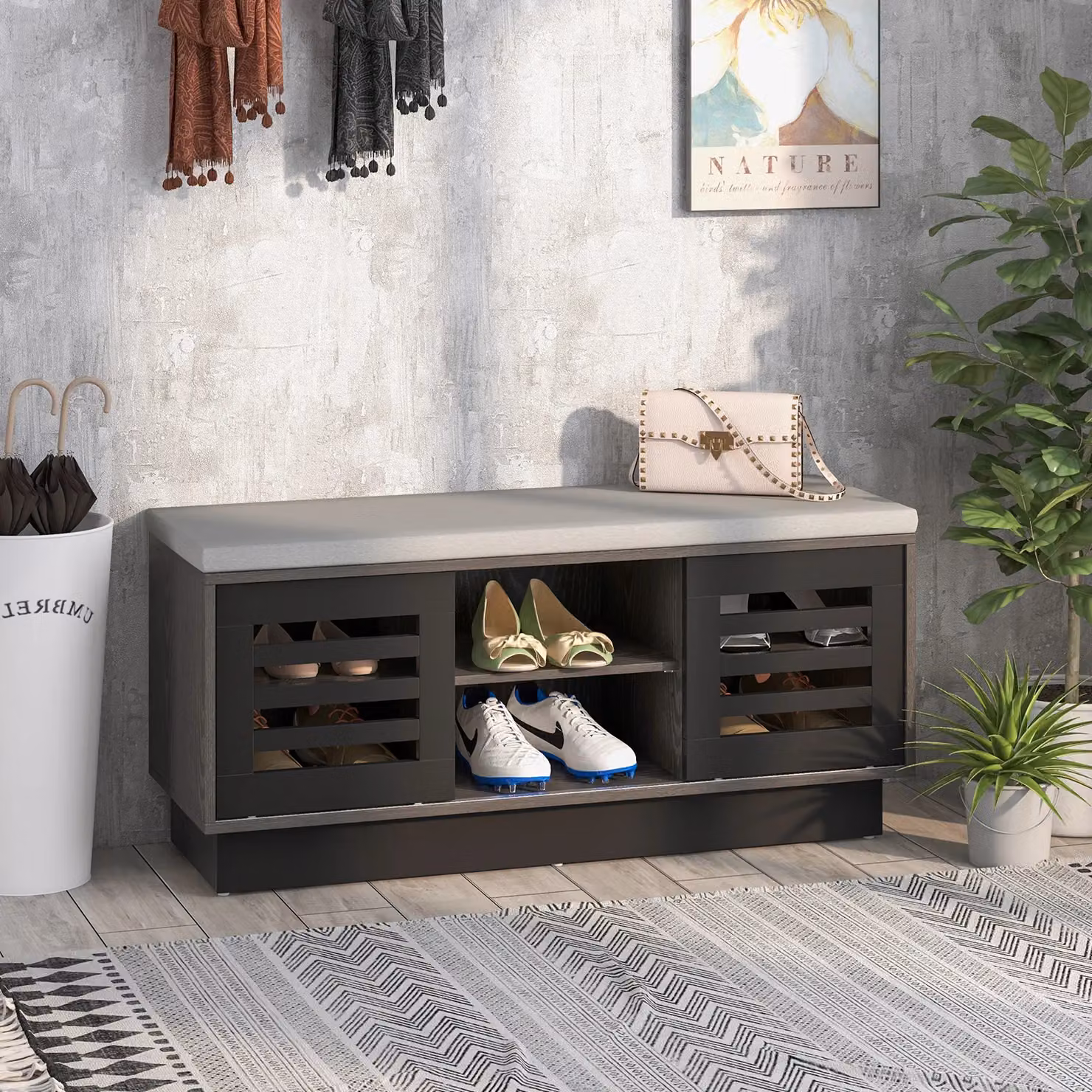 Costway Shoe Rack Storage Bench with Cushion and Adjustable Shelf, Grey – 3