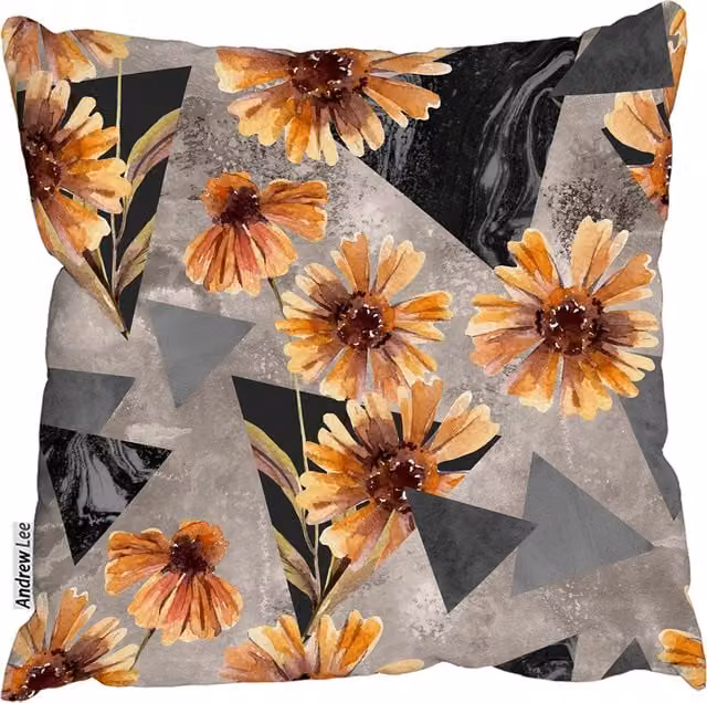 Andrew Lee Geometric Floral Square Cushion, Orange, W/D/H: 60 x 60 x 1 cm