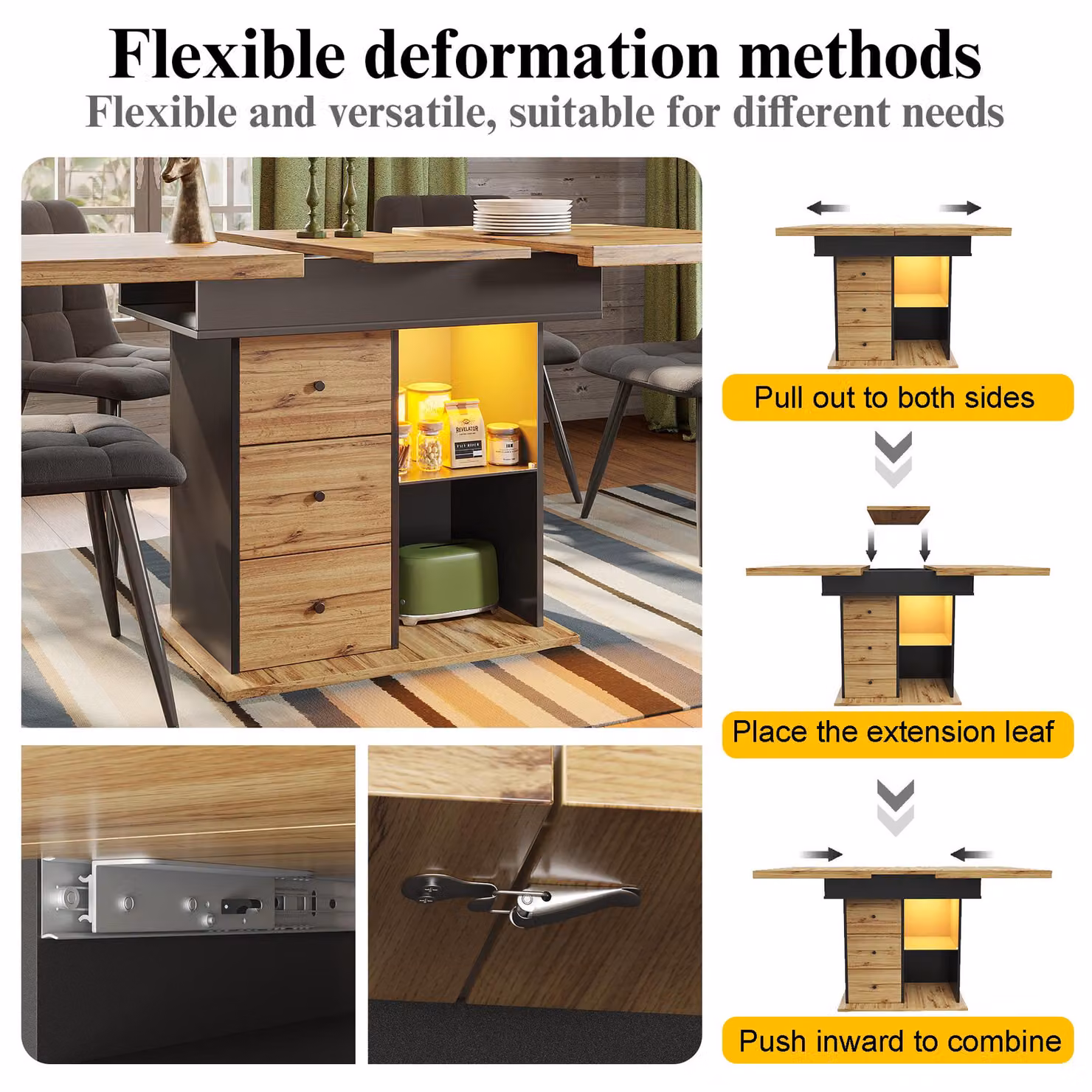 Aosom UK Modern Telescopic Dining Table with App-Controlled LED Lighting and Built-In Storage, Black and Natural, W: 80 cm, D: 140 cm, H: 75 cm – 4