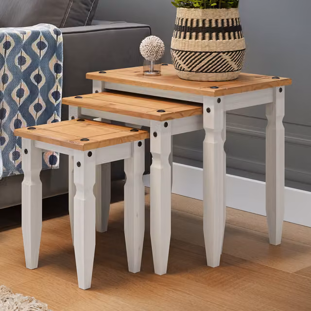 Mercers Furniture Corona Piccolo Nest of 3 Tables in Distressed White Waxed Solid Pine Wood