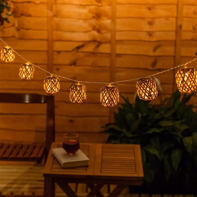ValueLights 10 x Battery Operated Brown Rattan Wicker Ball Outdoor String Lights with Warm White LED and Timer
