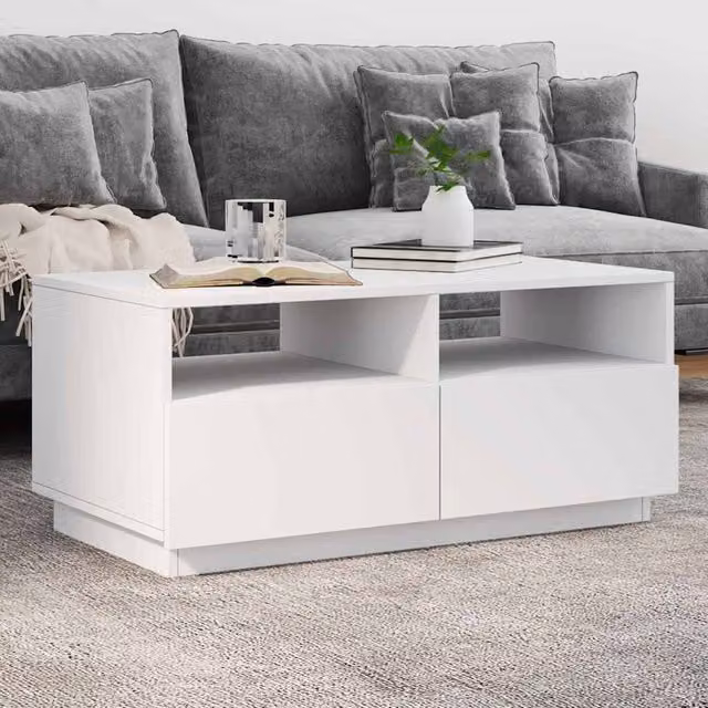 Berkfield Home Modern White Coffee Table with LED Lights W/D/H: 90 x 49 x 40 cm