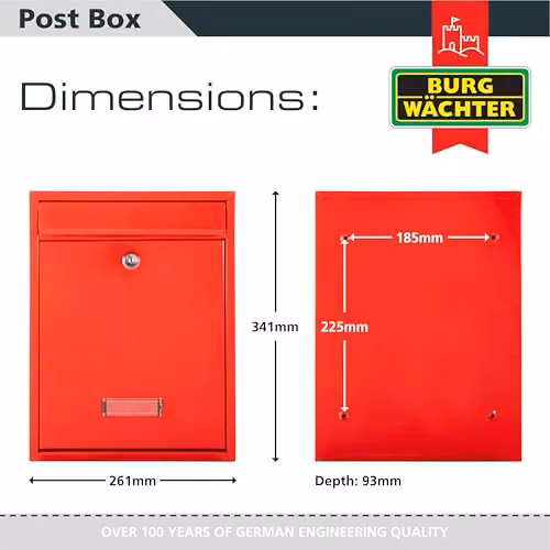 Burg-Wächter MB19R Trent Wall Mounted Galvanised Steel Lockable Weatherproof Post Box, Red, W: 26 cm, H: 34 cm, D: 9 cm – 3