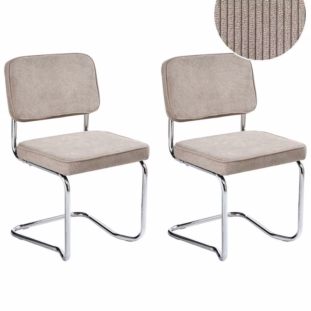 Wyld and Coco Set of 2 Taupe Corduroy Dining Chairs with Metal Legs in Beige – 2