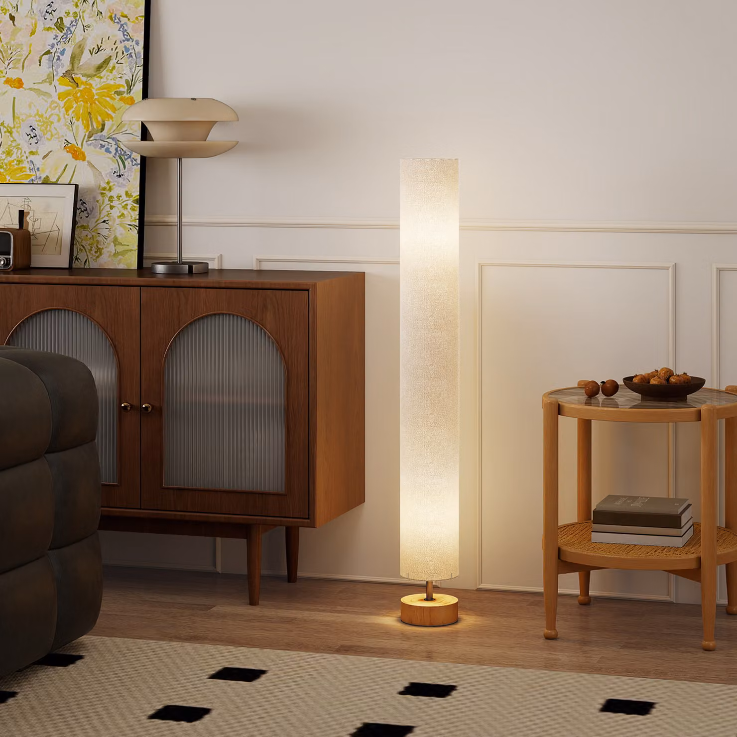 HOMCOM Modern LED Floor Lamp with Grey Fabric Shade and Wooden Base, Height: 120 cm – 3