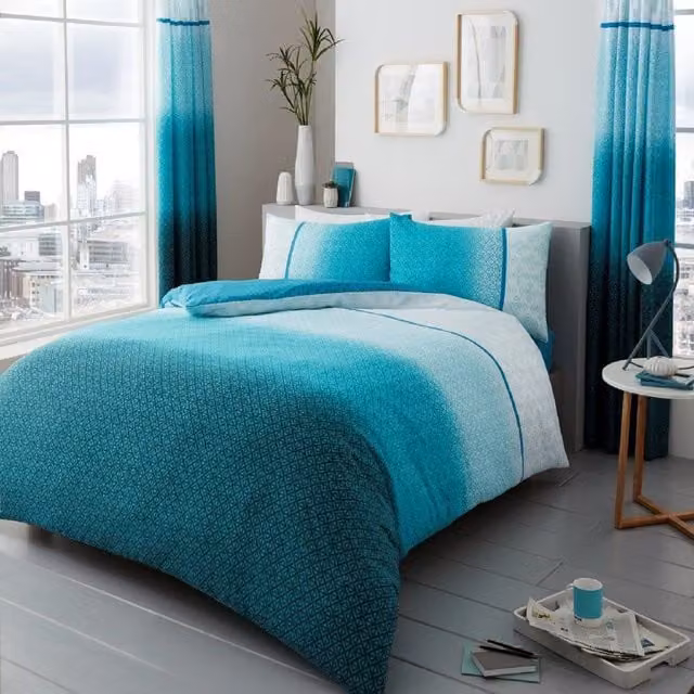 Glamour Urban Ombre Printed Polycotton Duvet Cover and Pillowcase Set in Petrol Teal, Double, 140 x 200 cm