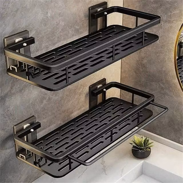 Havendro 2-Piece Black Matt Metal Wall Mounted Corner Bathroom Shelf Rack with Hanging Rod, W/D/H: 50 x 13 x 30 cm
