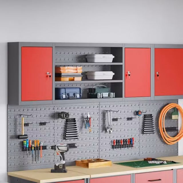 Berkfield Home Wall-Mounted Tool Cabinet with Pegboard and Hinged Doors, Red, W/D/H: 150 x 20 x 55 cm – 1