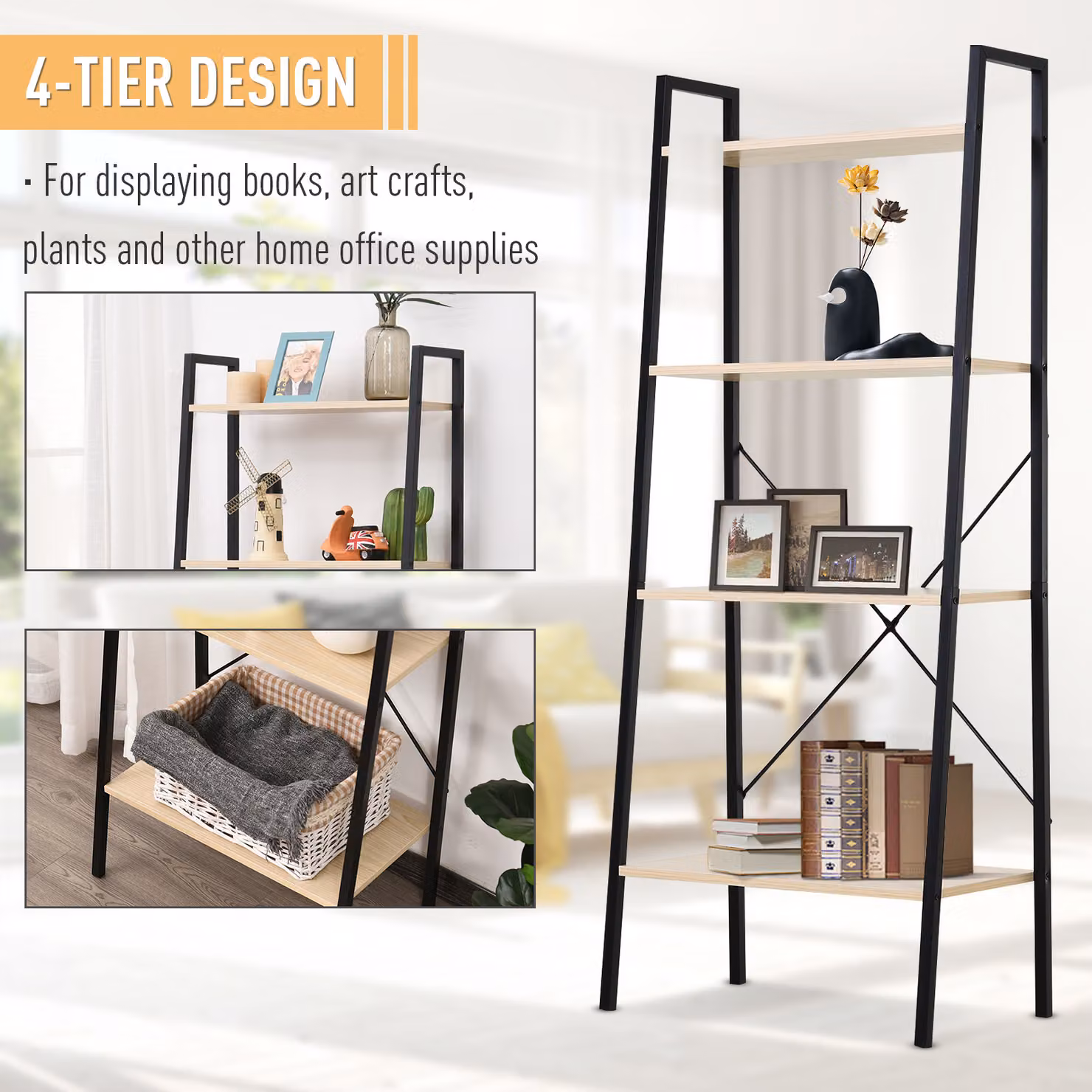 HOMCOM 4-Tier Vintage Ladder Shelf Bookcase and Wood Storage Rack in Black and Natural – 3