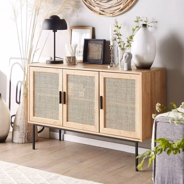 Wyld and Coco 3-Door Boho Sideboard with Natural Rattan Front in Brown and Black, W/H: 120 x 76 cm – 1