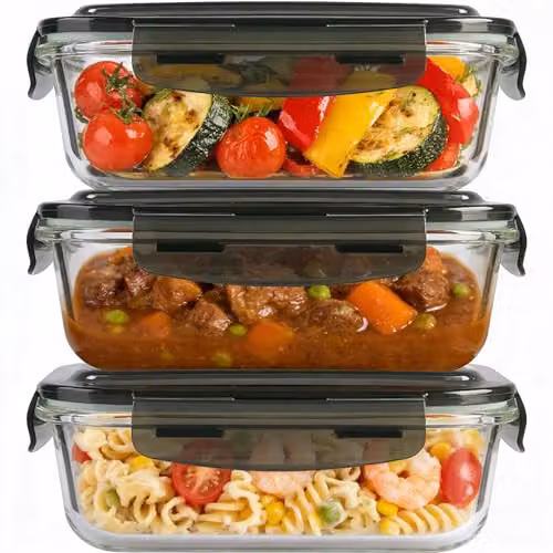 MantraRaj 3-Pack Airtight Glass Meal Prep Containers with Lids, 380ml, Blue and Transparent