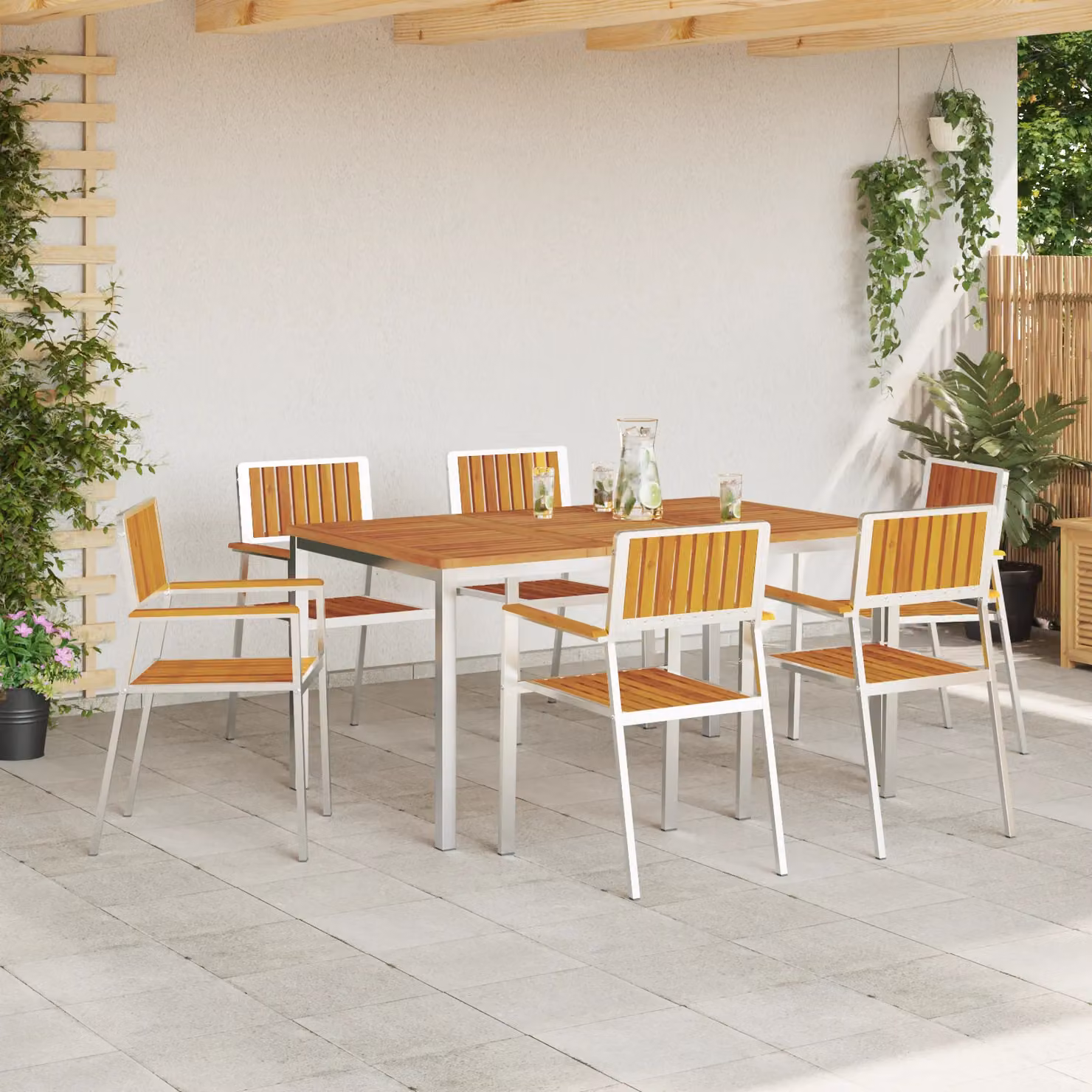 Berkfield Home 7 Piece Acacia Wood Garden Dining Set in Brown and White – 3