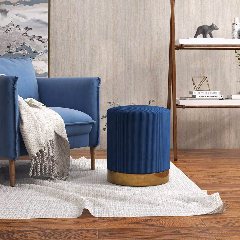 STILVORA Blue Corduroy Upholstered Cylindrical Footstool – 2